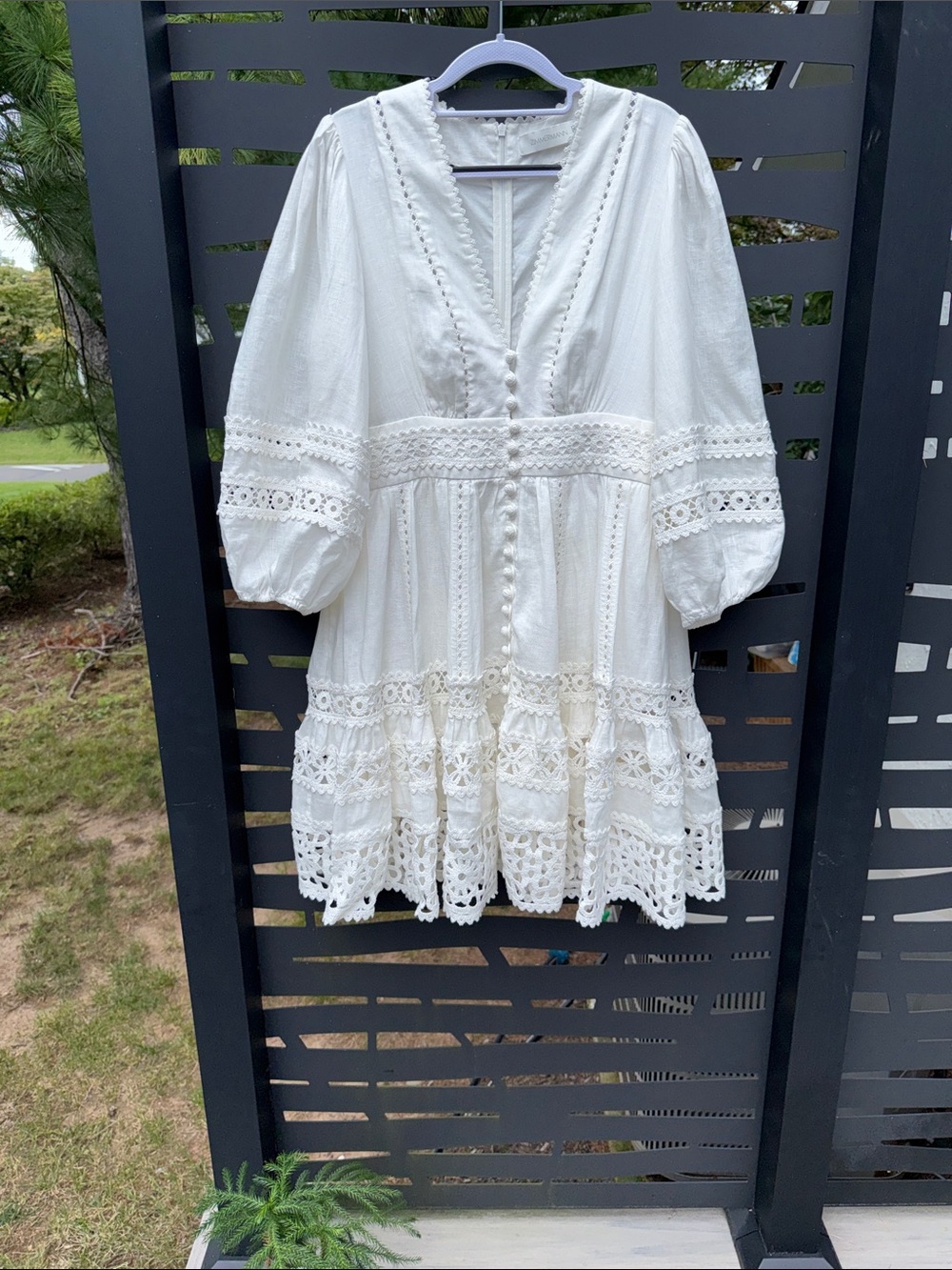 Zimmermann Devi White Lace Crochet Cotton Lined Eyelet Button-Front Mini Dr S4